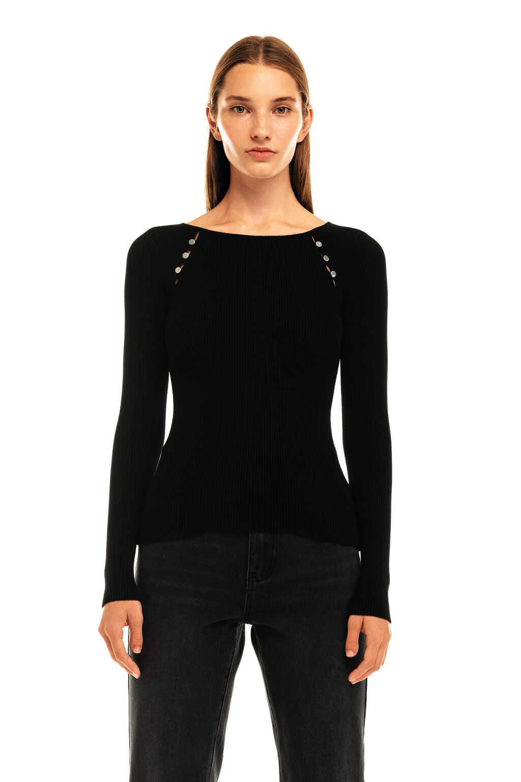 Джемпер облегающий с разрезами спереди - цвет черный - 1