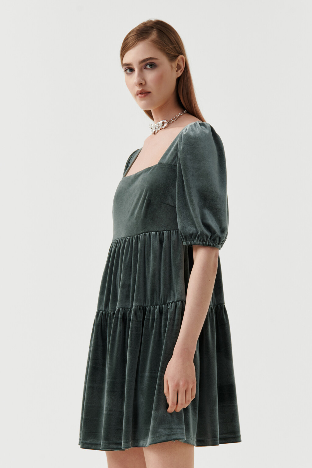 Платье бархатное с рукавами-фонариками - цвет зеленый - 3