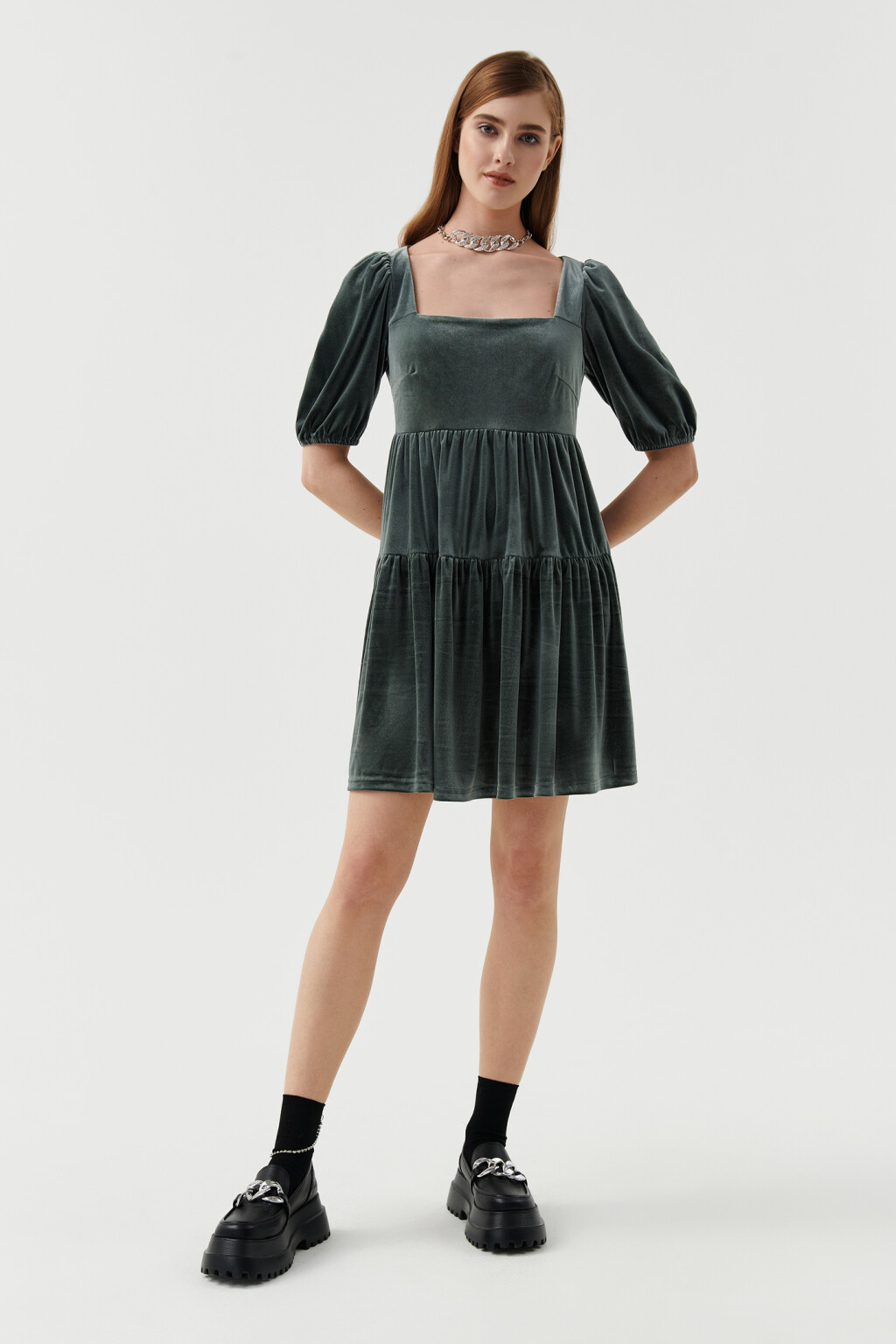 Платье бархатное с рукавами-фонариками - цвет зеленый - 4