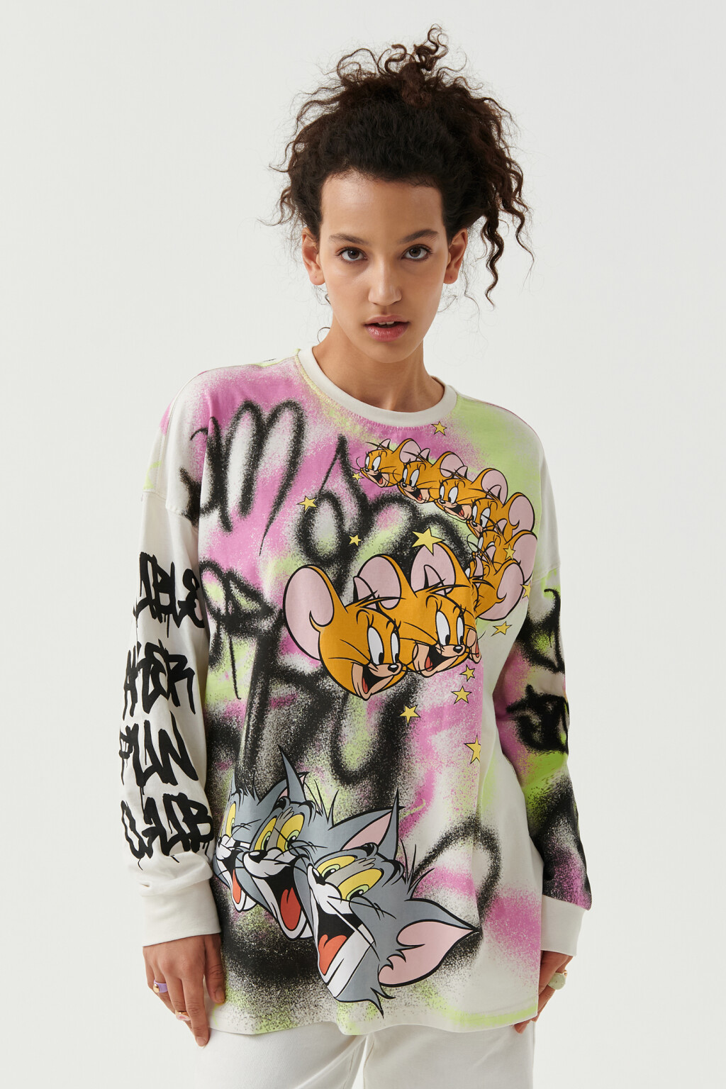 Лонгслив хлопковый с принтом том и джерри - цвет бежевый - 1