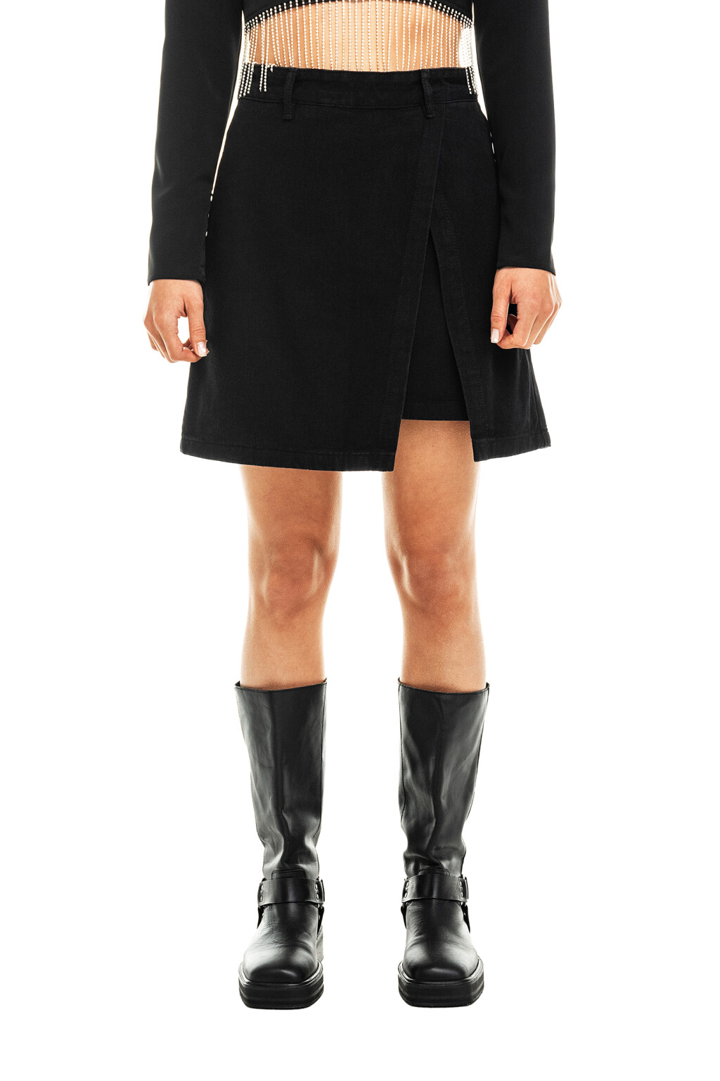 Юбка джинсовая мини с имитацией запаха - цвет черный - 2