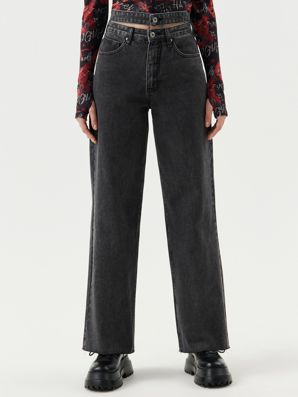 Джинсы широкие с двойным поясом - цвет серый - 1