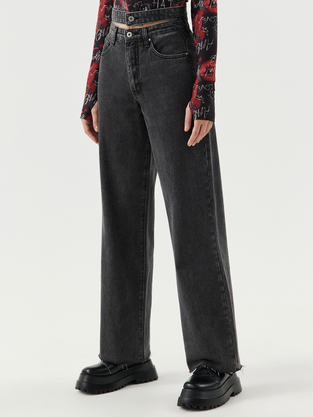 Джинсы широкие с двойным поясом - цвет серый - 3