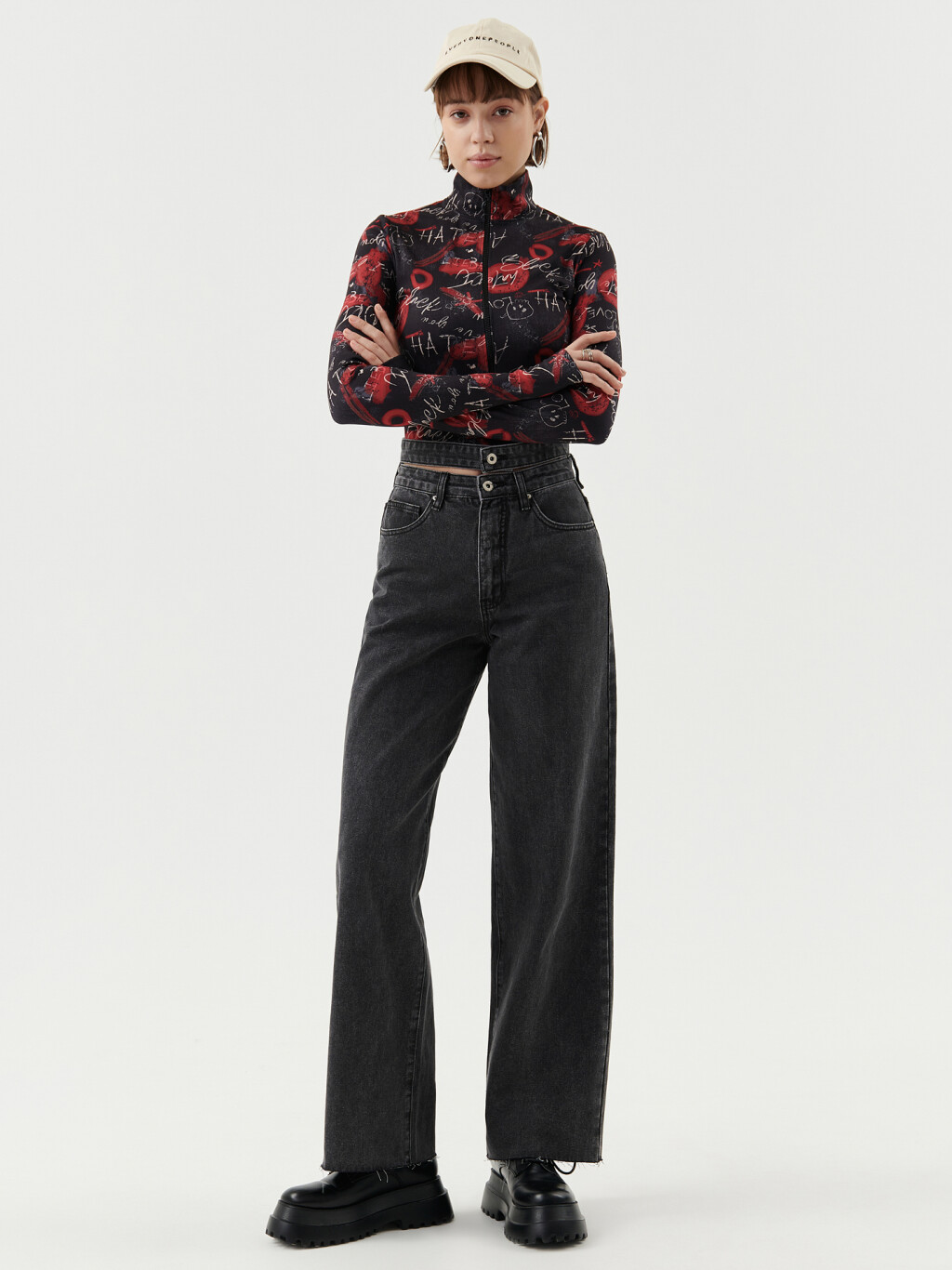 Джинсы широкие с двойным поясом - цвет серый - 4