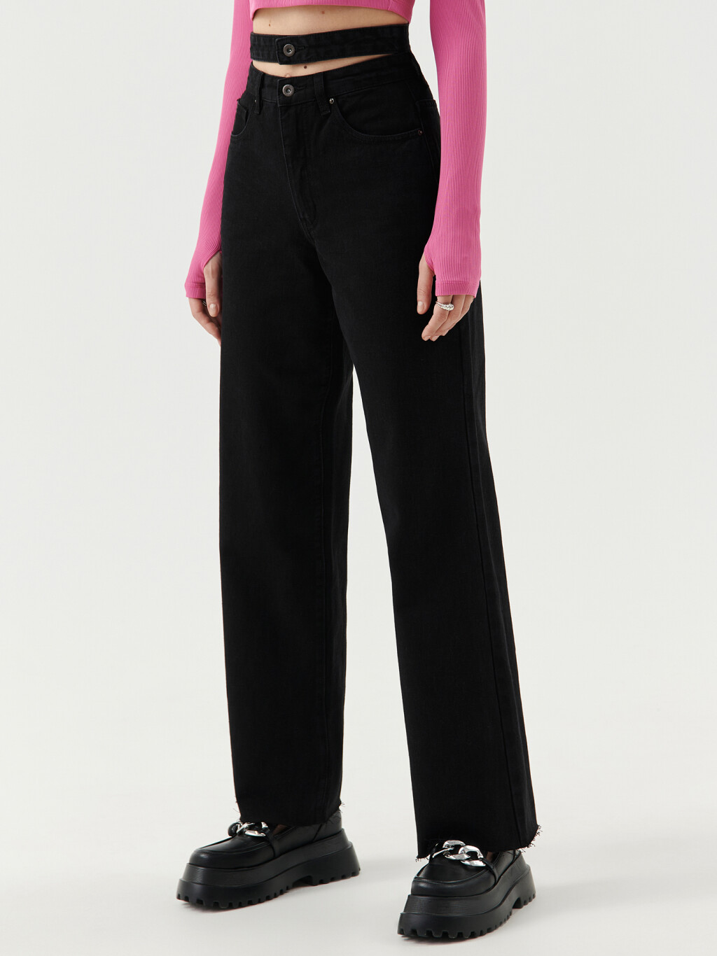Джинсы широкие с двойным поясом - цвет черный - 3