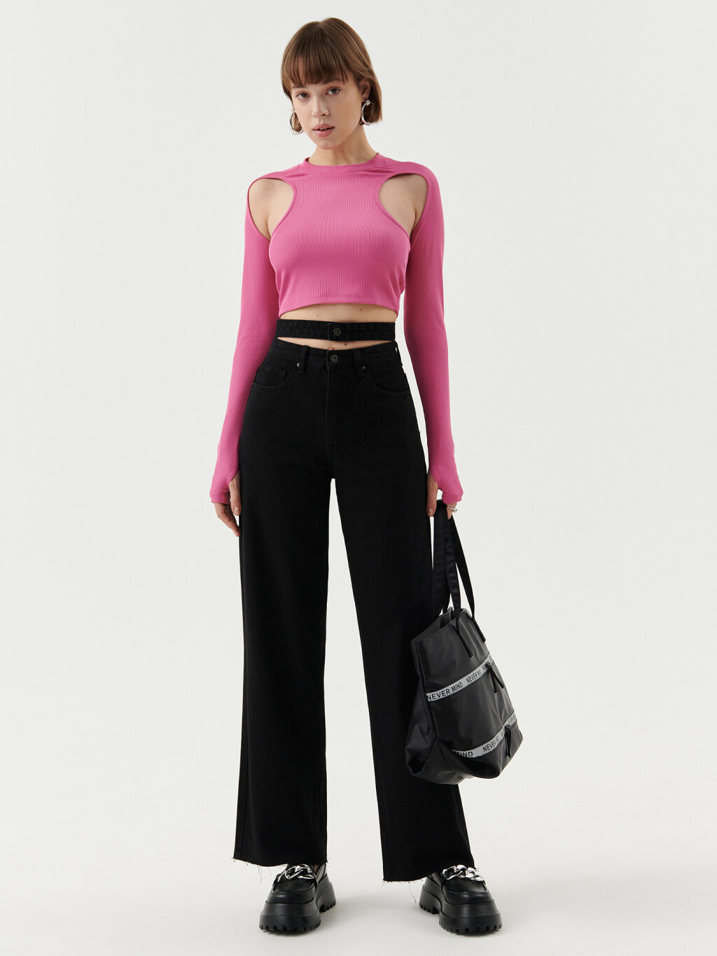 Джинсы широкие с двойным поясом - цвет черный - 4