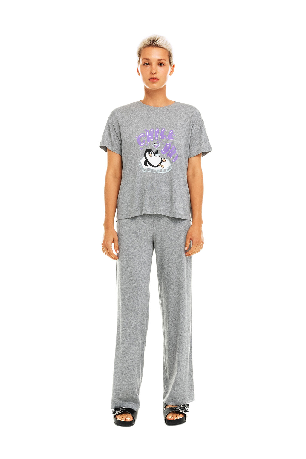 Комплект пижамный из брюк и футболки - цвет серый - 1