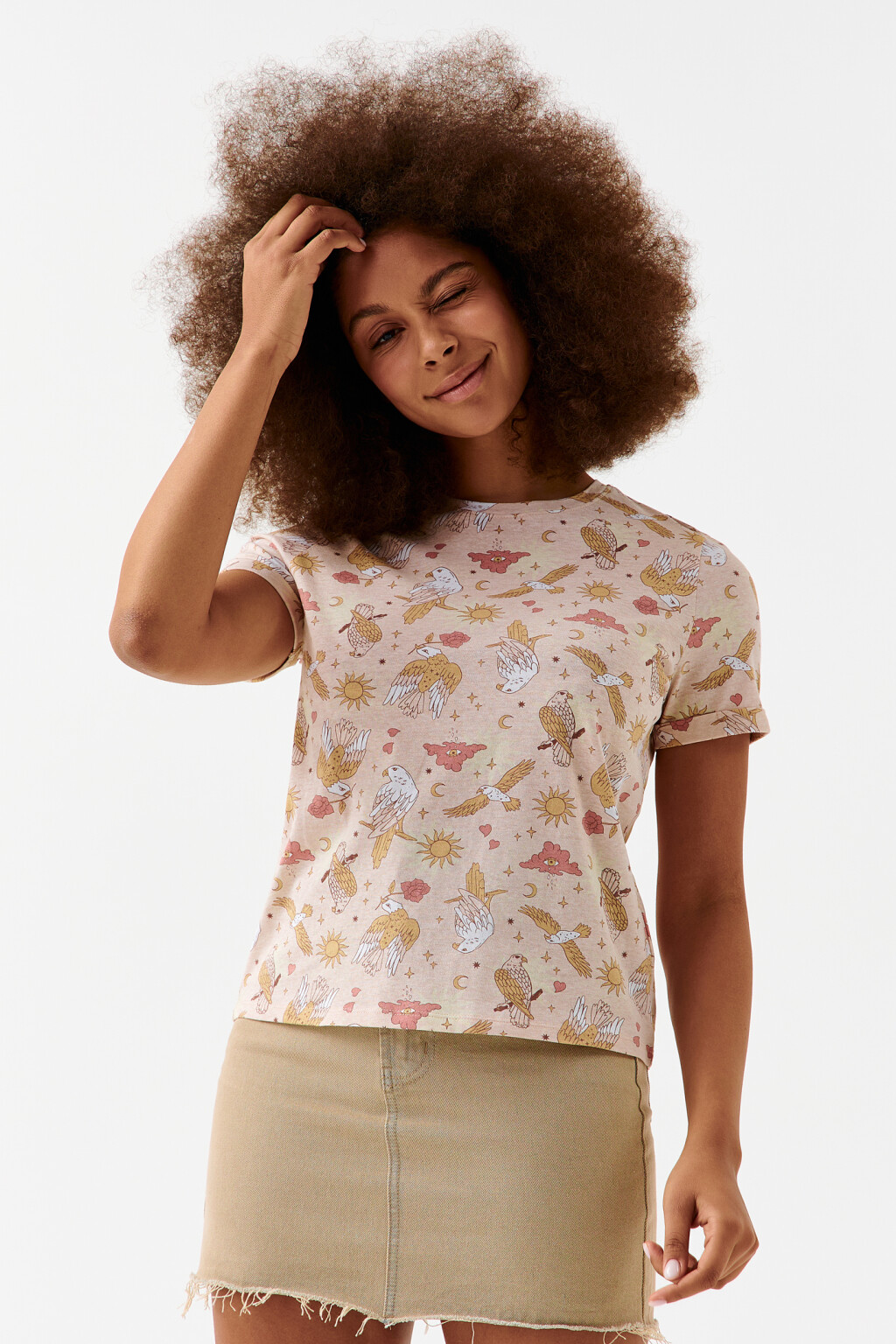 Футболка хлопковая с принтом - цвет бежевый - 1