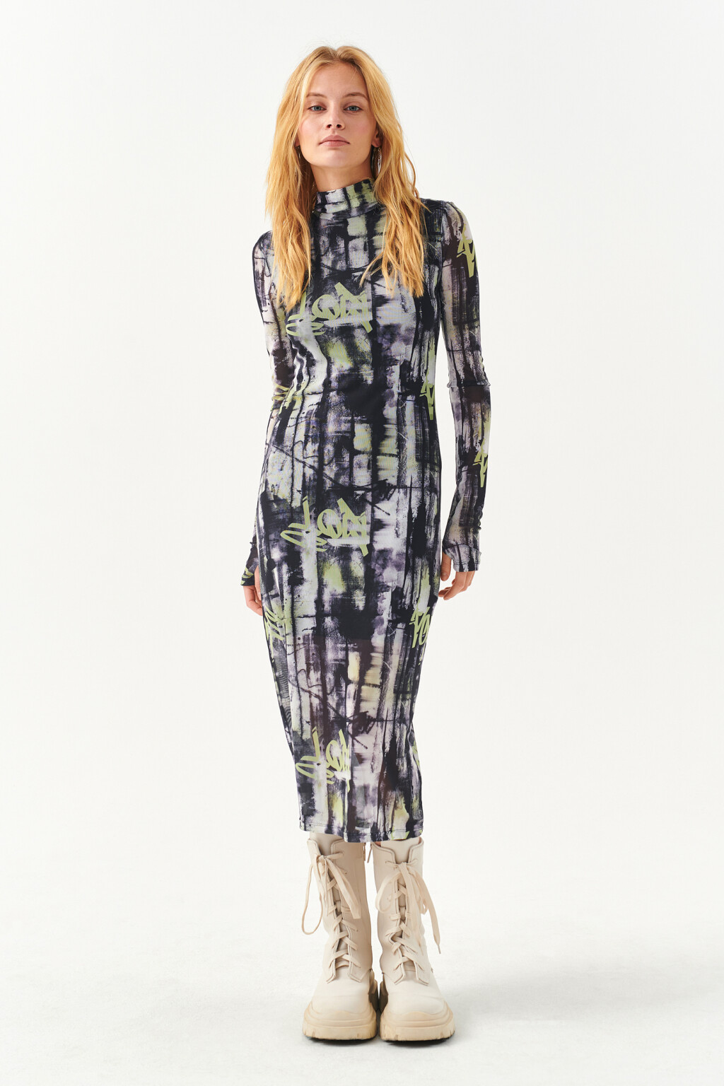 Платье облегающее из сетки с принтом - цвет черный - 1