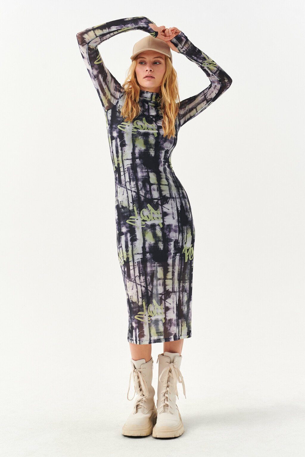 Платье облегающее из сетки с принтом - цвет черный - 6