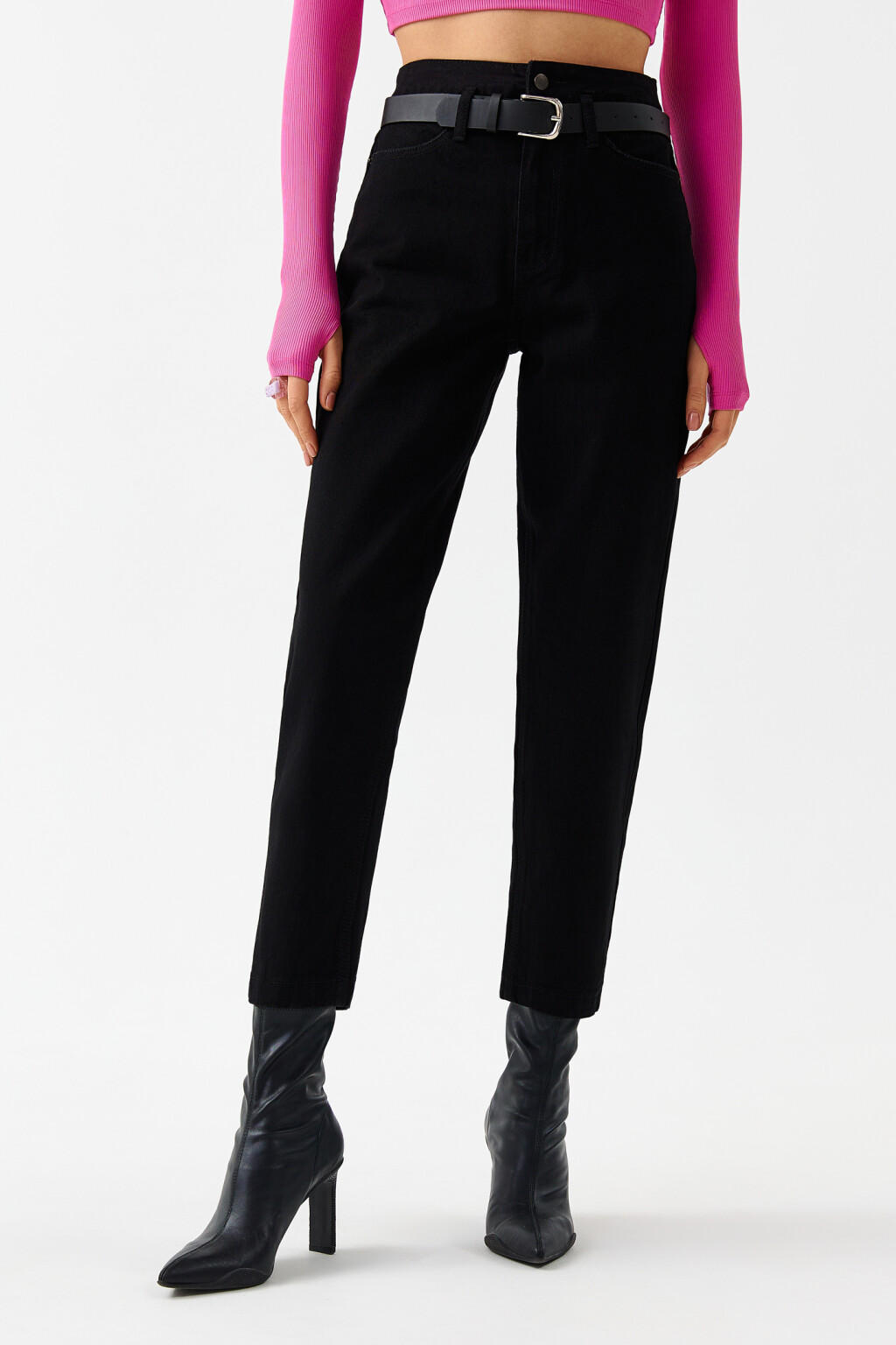 Джинсы mom с ремнем - цвет черный - 1