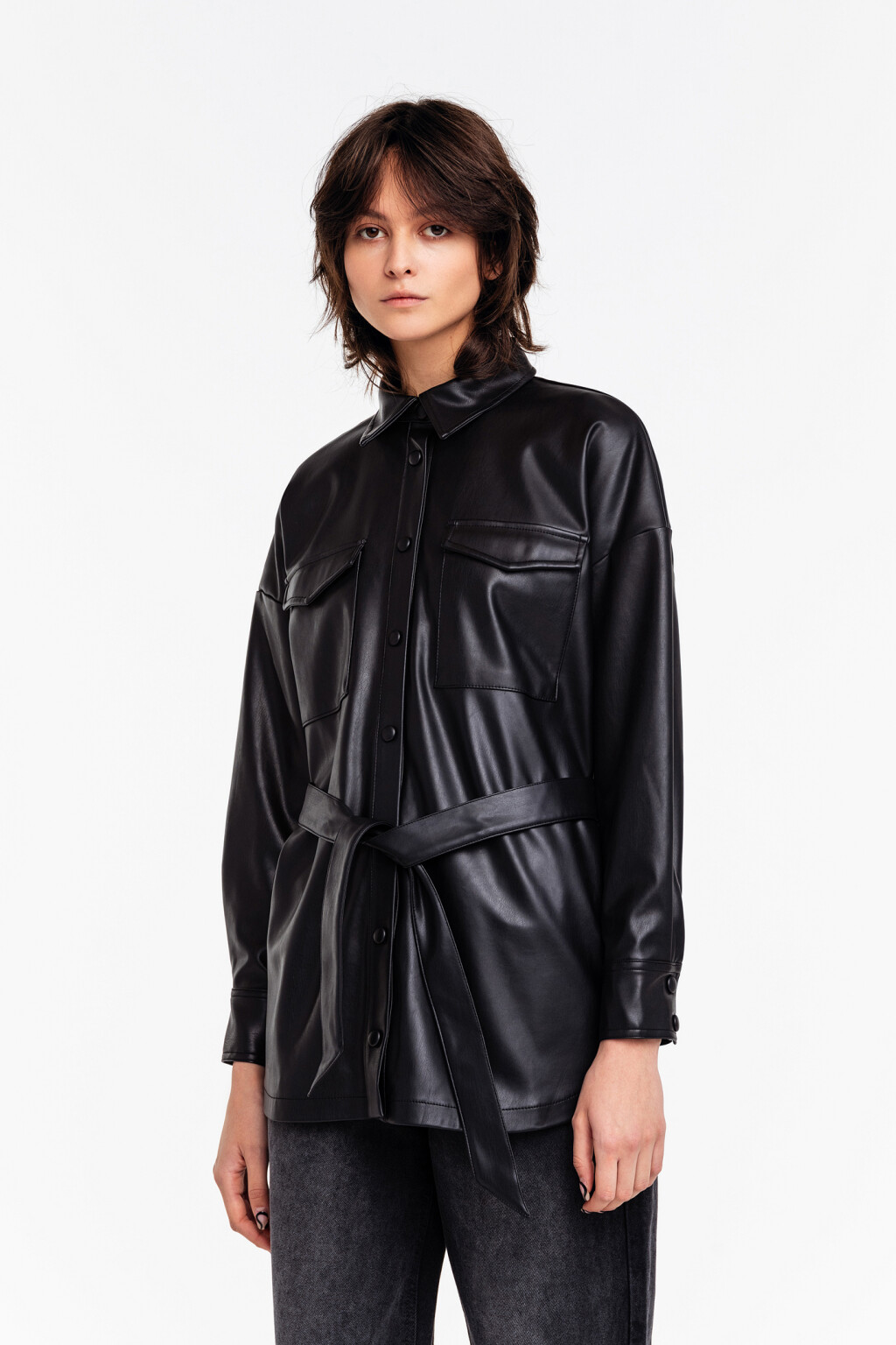Куртка-рубашка из искусственной кожи - цвет черный - 3