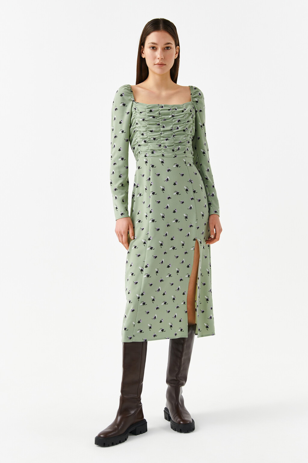 Платье миди с присборенным лифом - цвет зеленый - 1