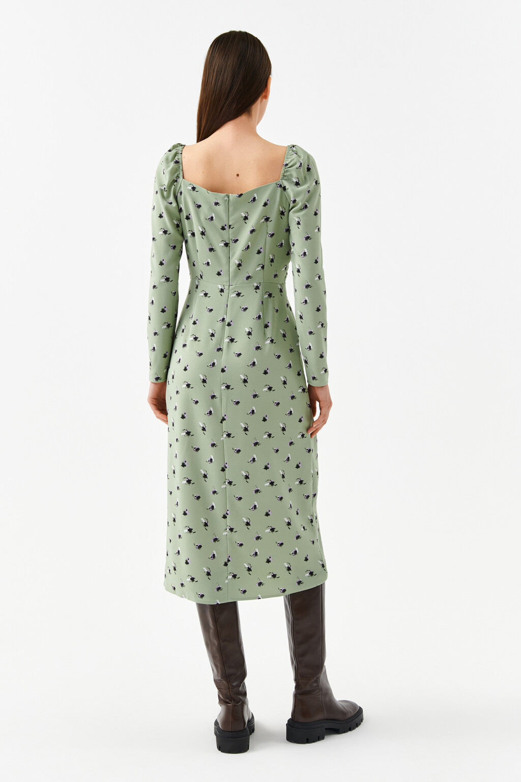 Платье миди с присборенным лифом - цвет зеленый - 2