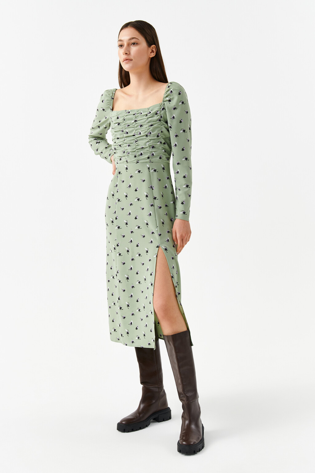 Платье миди с присборенным лифом - цвет зеленый - 3