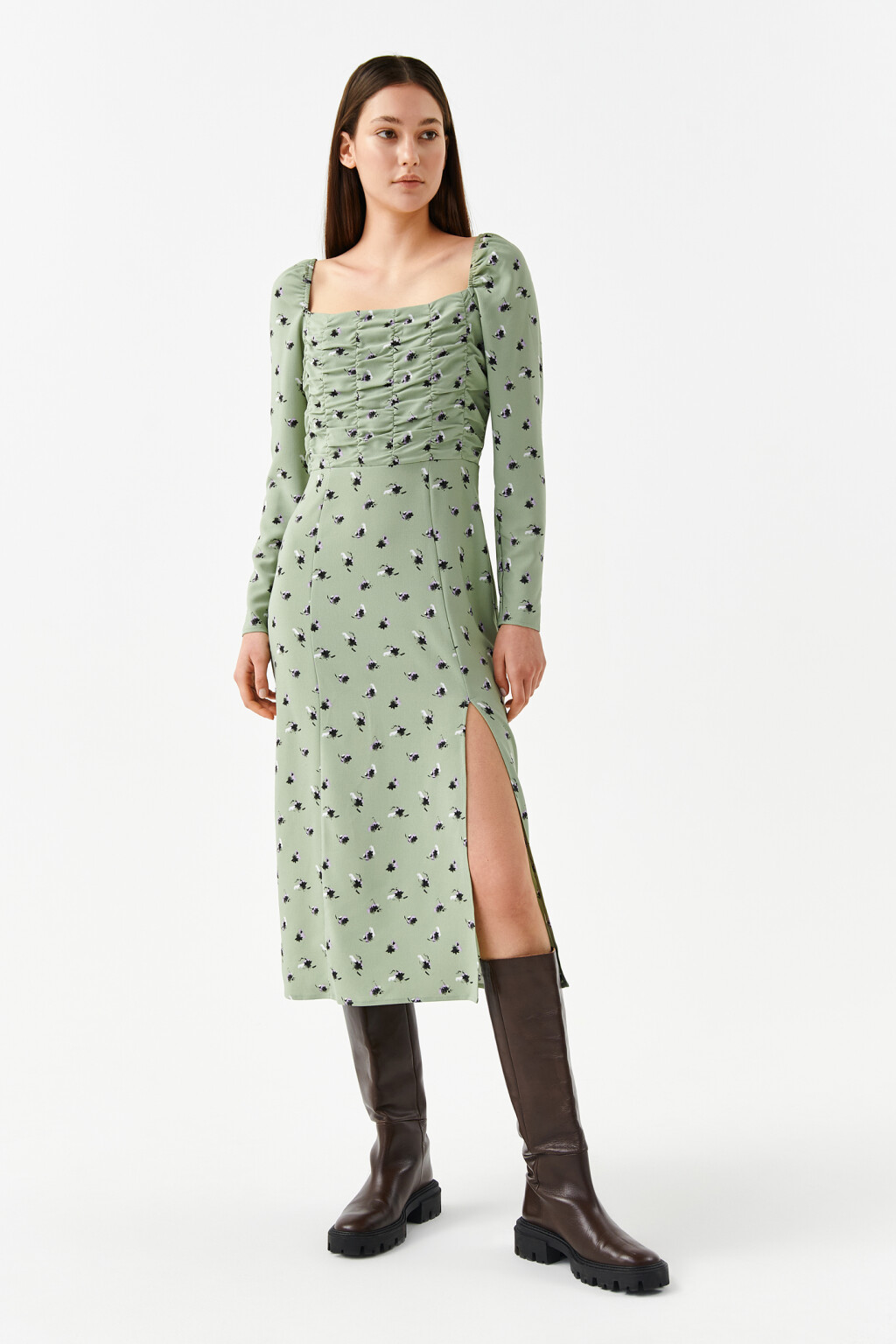Платье миди с присборенным лифом - цвет зеленый - 4