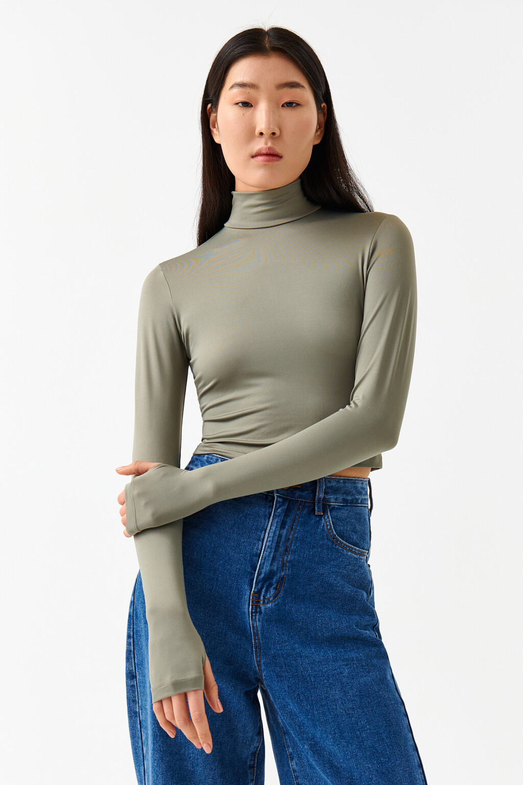 Водолазка укороченная с воротником-стойкой - цвет зеленый - 1