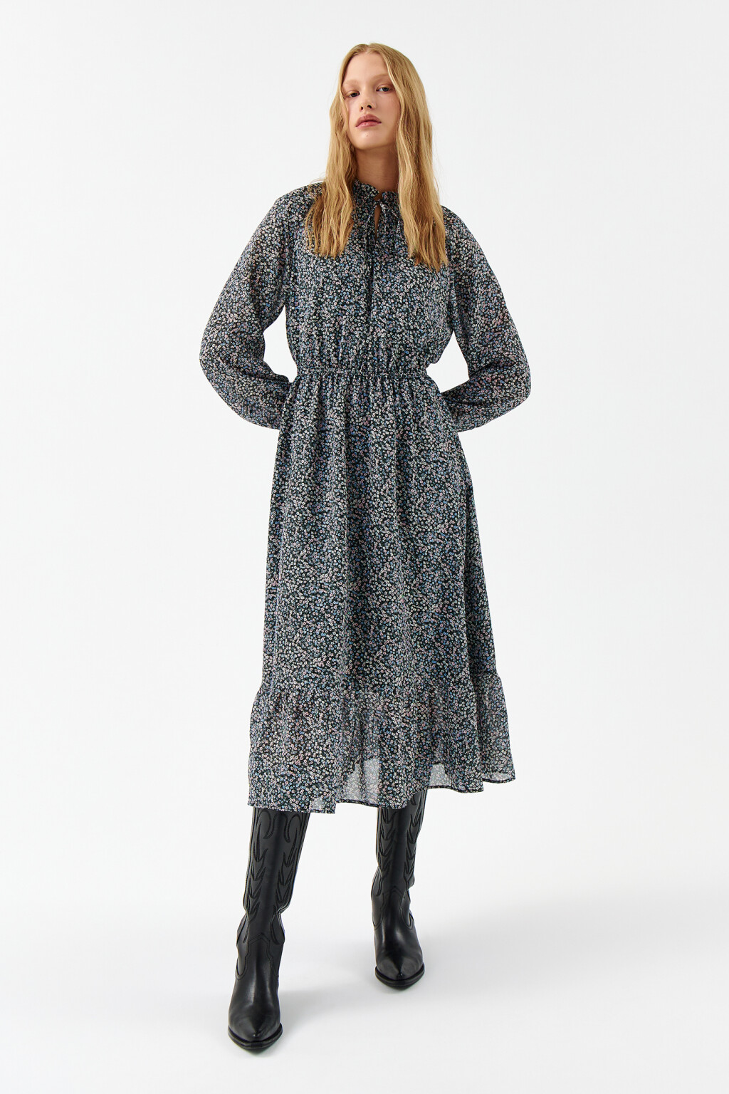 Платье миди с завязками на груди - цвет синий - 1