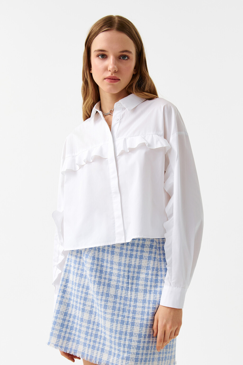 Рубашка хлопковая с воланами - цвет белый - 1
