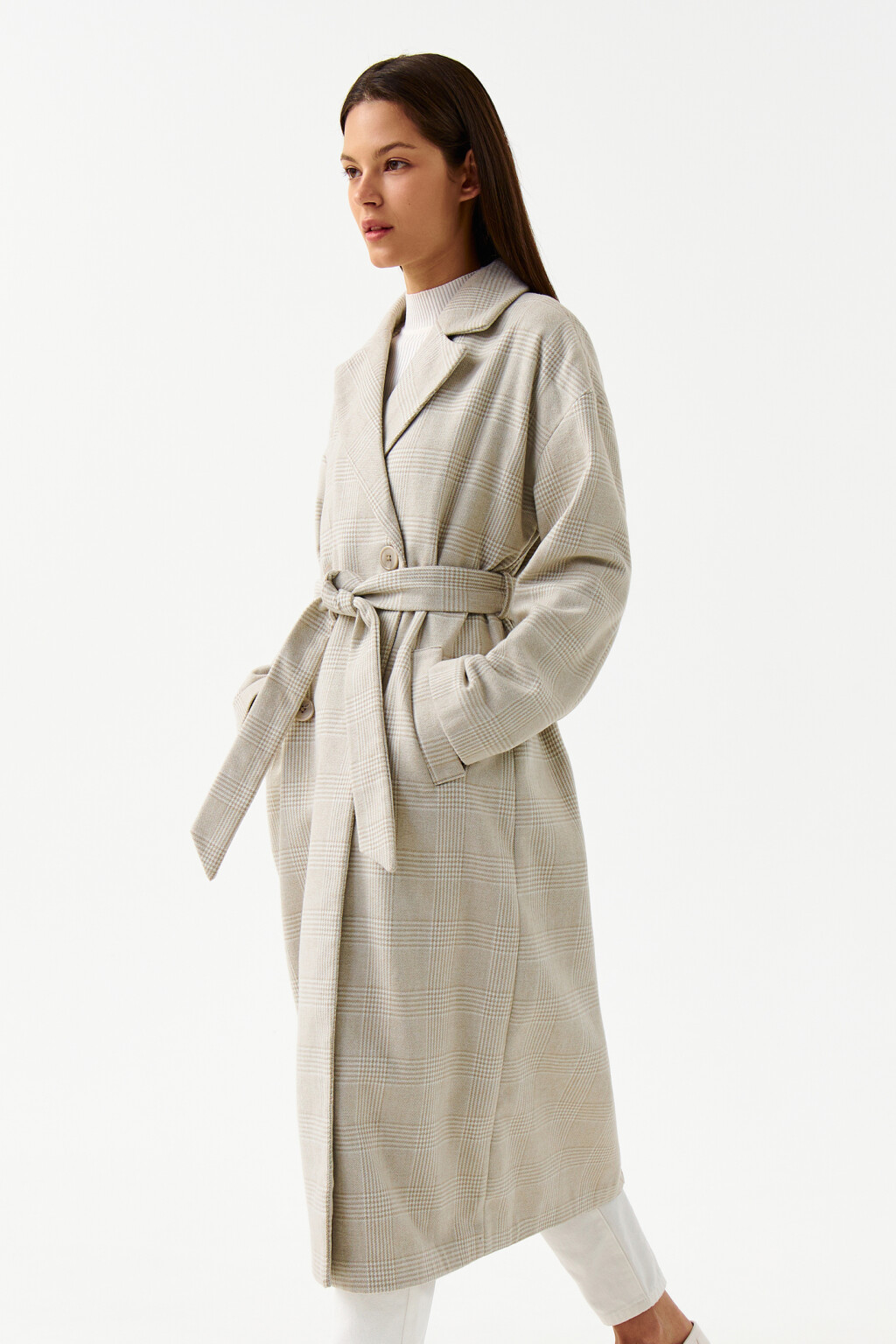 Пальто с отложным воротником клетчатое - цвет бежевый - 3