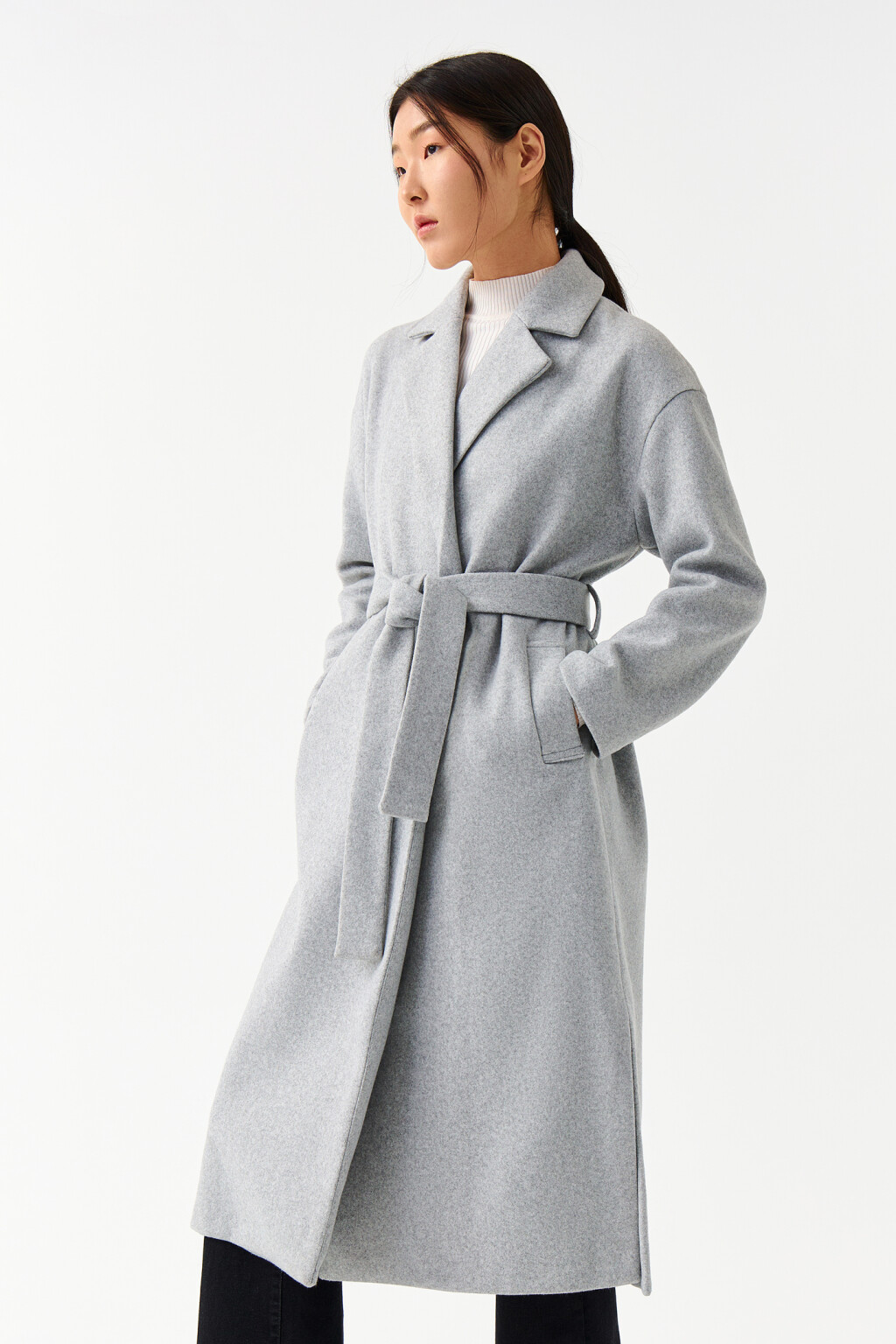 Пальто на запах с поясом - цвет серый - 3