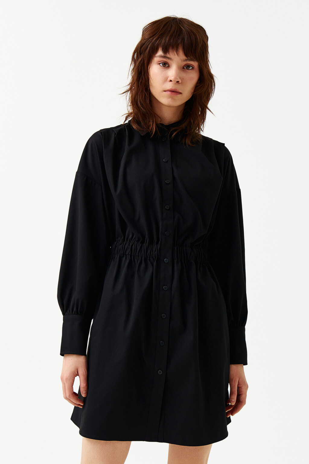 Платье-рубашка с эластичной талией - цвет черный - 1