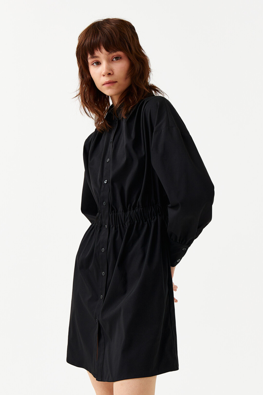 Платье-рубашка с эластичной талией - цвет черный - 3