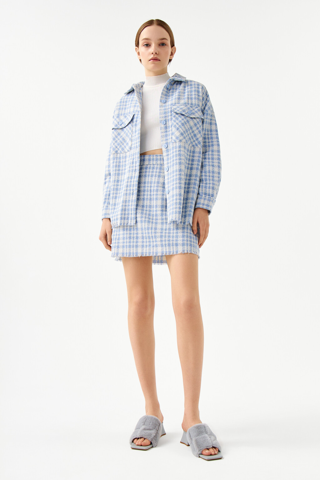 Юбка-трапеция клетчатая - цвет голубой - 4