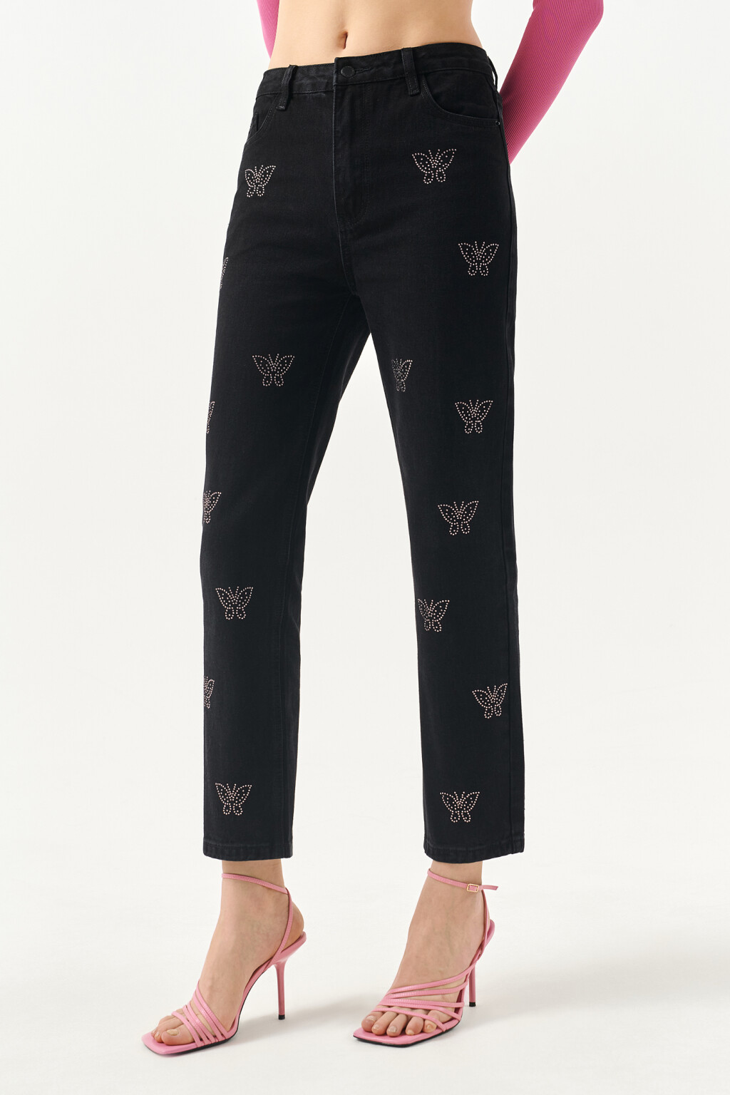 Джинсы straight с бабочками из страз - цвет черный - 3