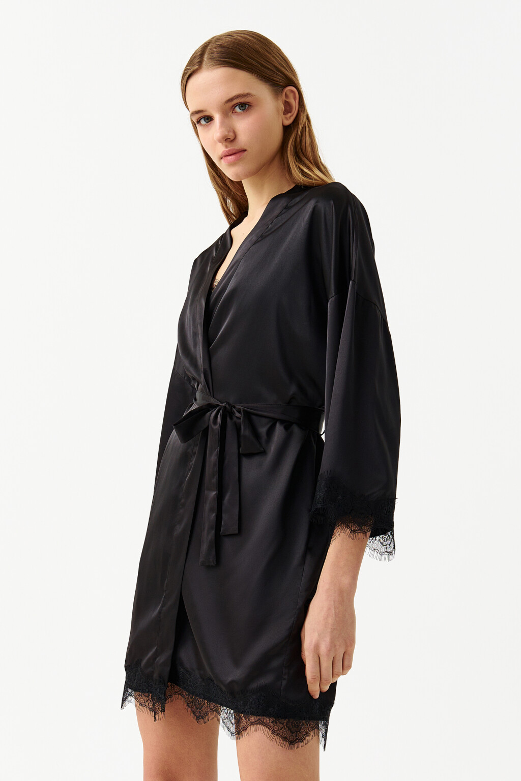 Халат домашний кружевной - цвет черный - 3