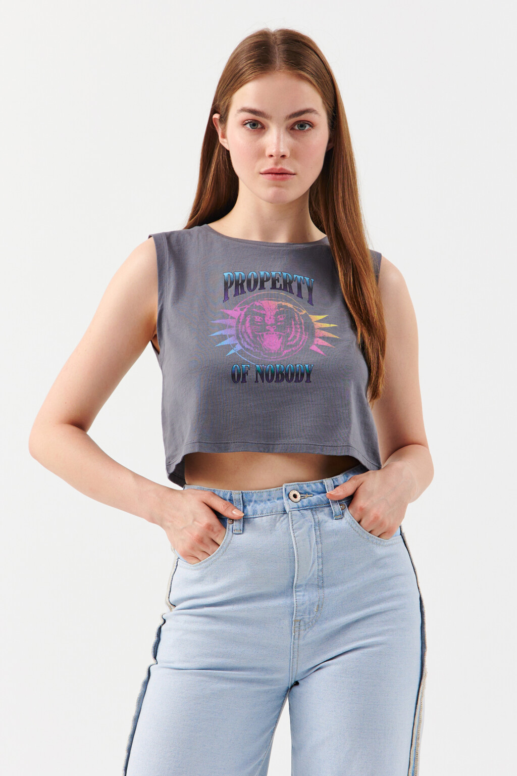 Топ-майка укороченный с принтом - цвет серый - 1