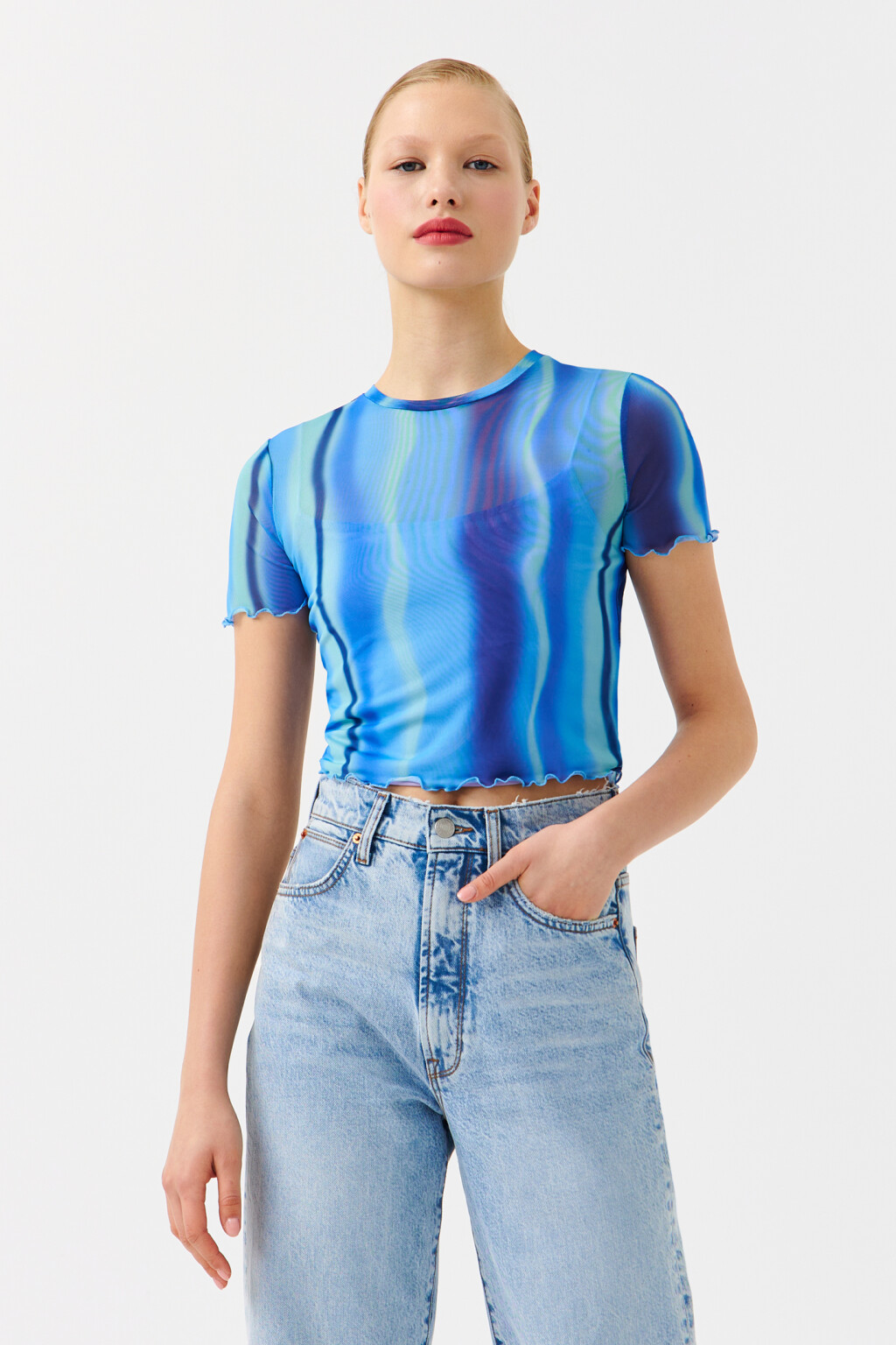 Топ-футболка укороченный с принтом - цвет синий - 1