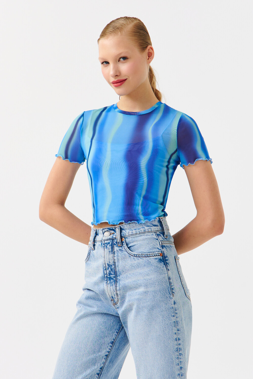 Топ-футболка укороченный с принтом - цвет синий - 3