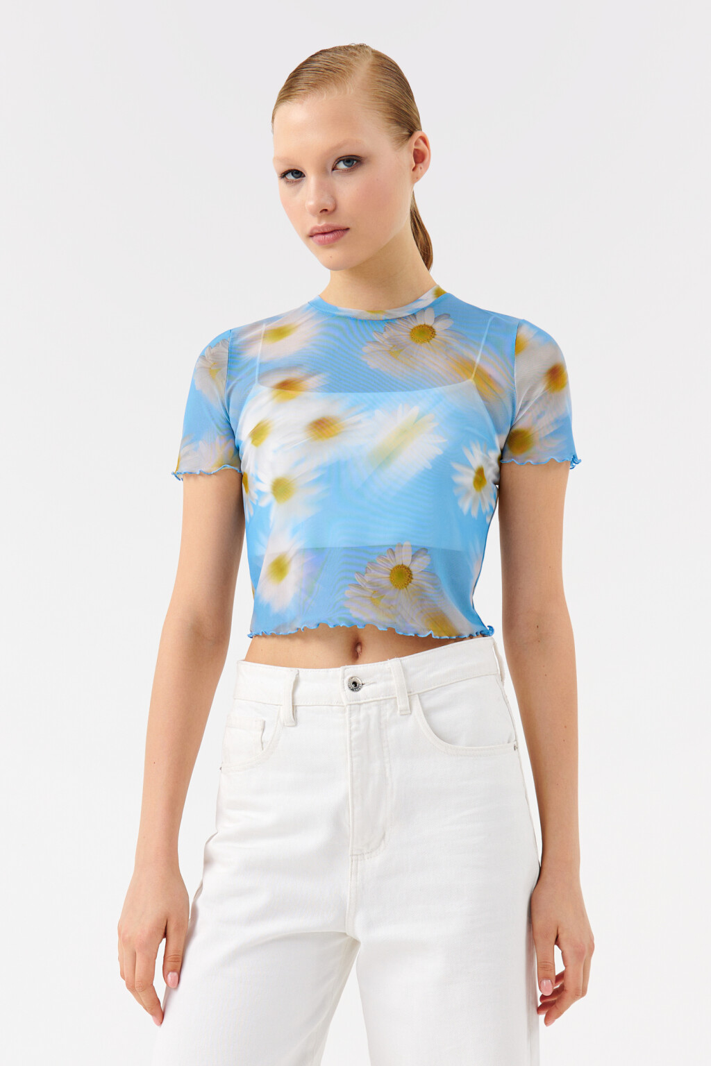 Топ-футболка укороченный с принтом - цвет голубой - 1
