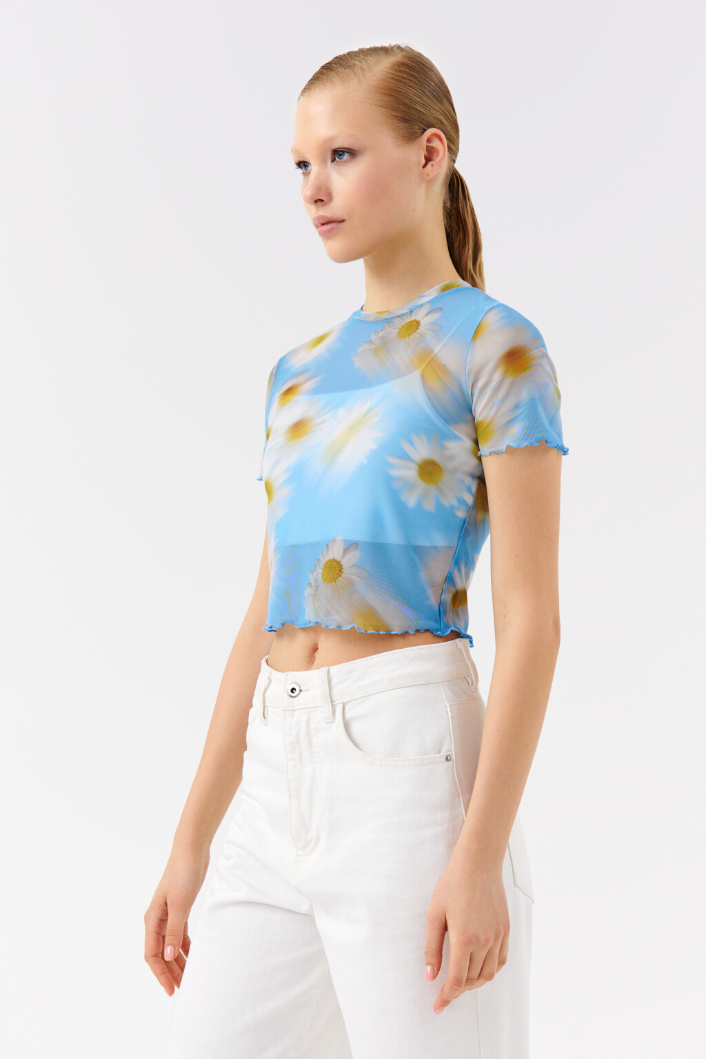 Топ-футболка укороченный с принтом - цвет голубой - 3