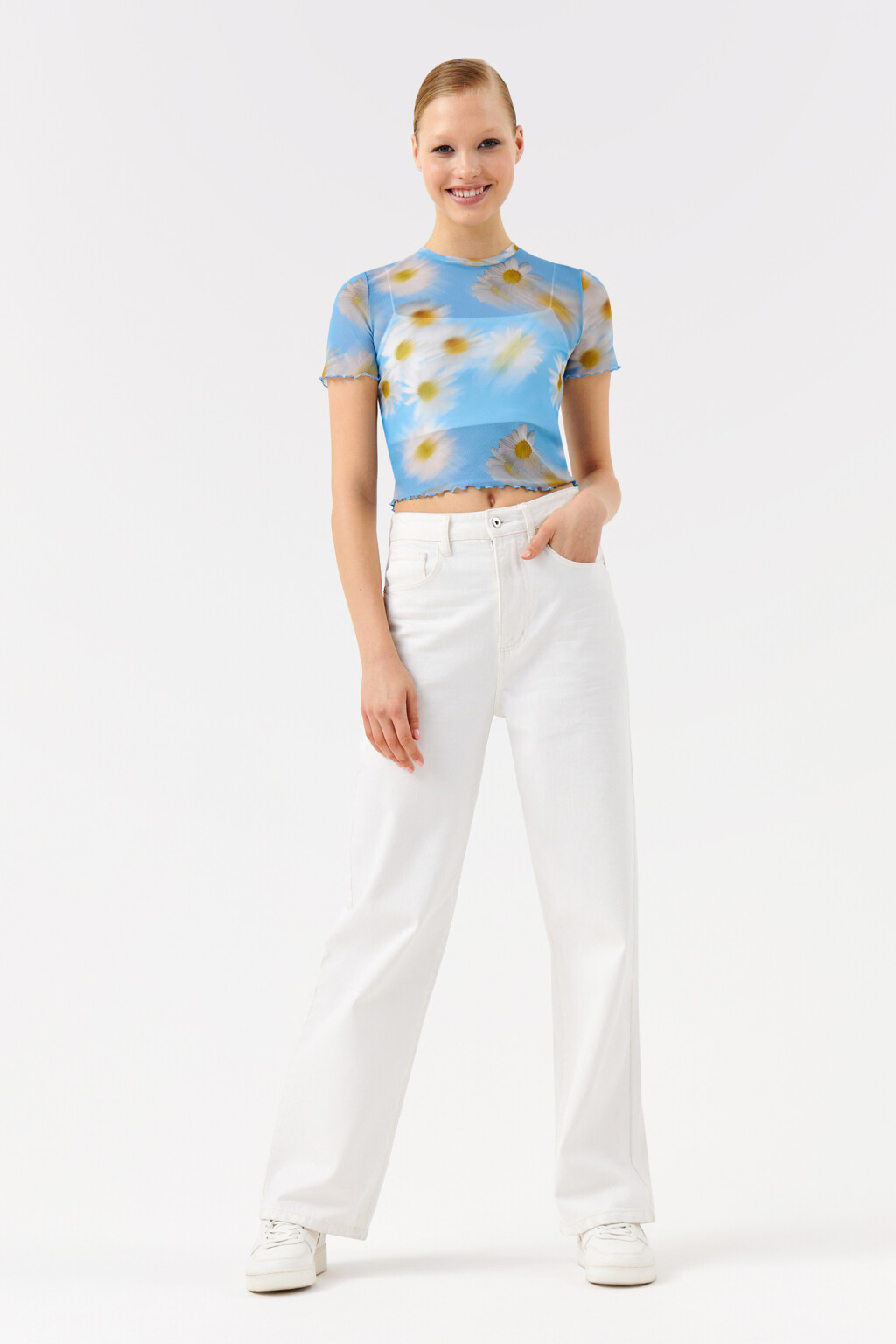 Топ-футболка укороченный с принтом - цвет голубой - 4