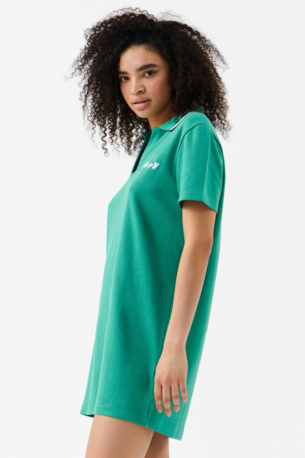 Платье-футболка мини с воротником поло - цвет зеленый - 3