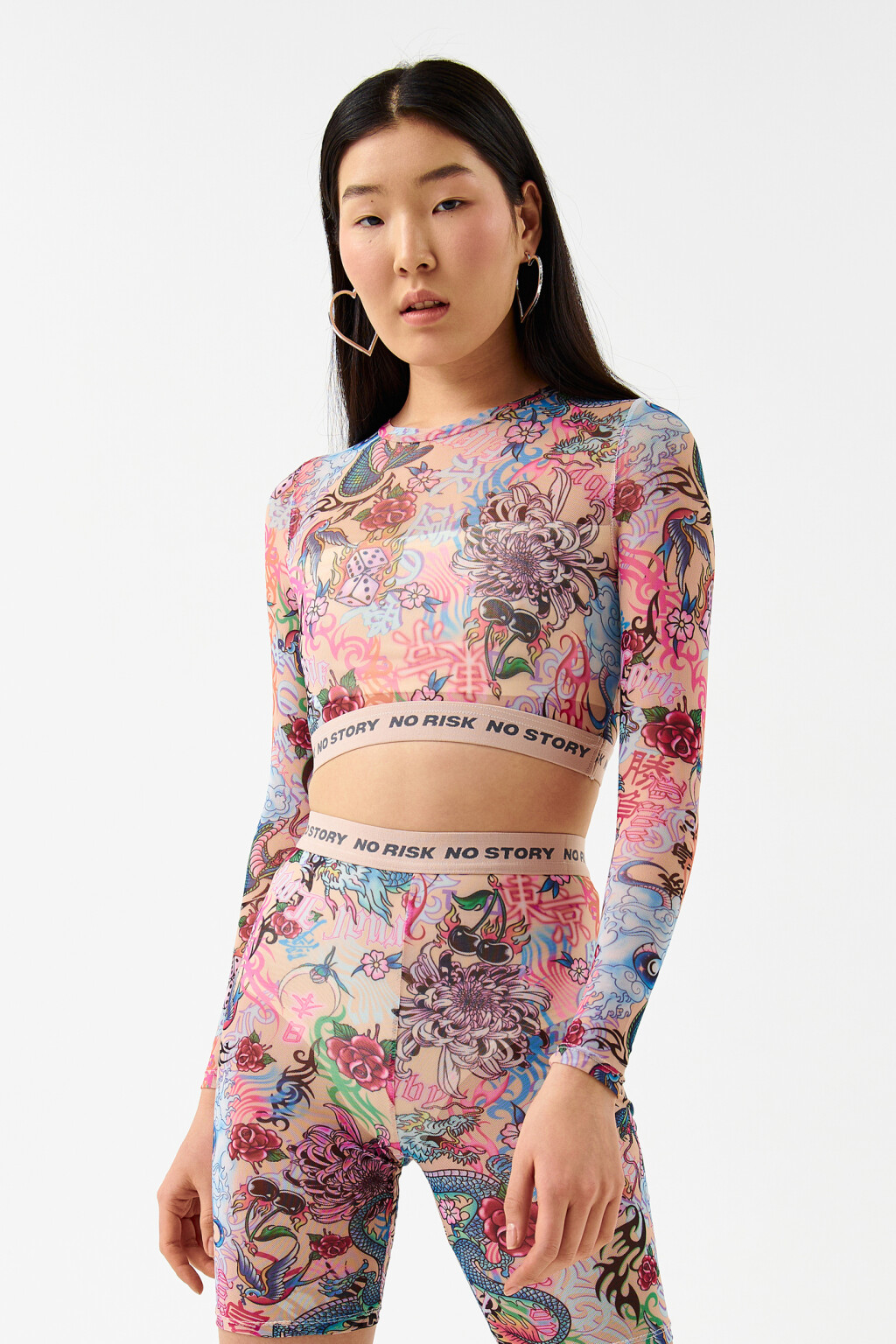 Лонгслив укороченный из сетки - цвет черный - 1