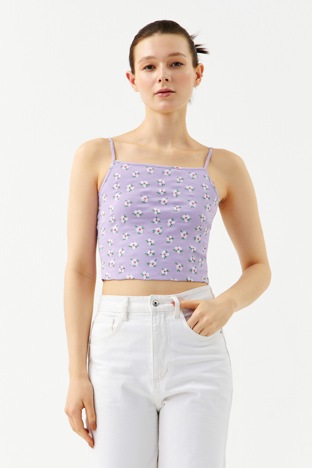 Майка-топ хлопковая укороченная на тонких бретелях - цвет сиреневый - 1