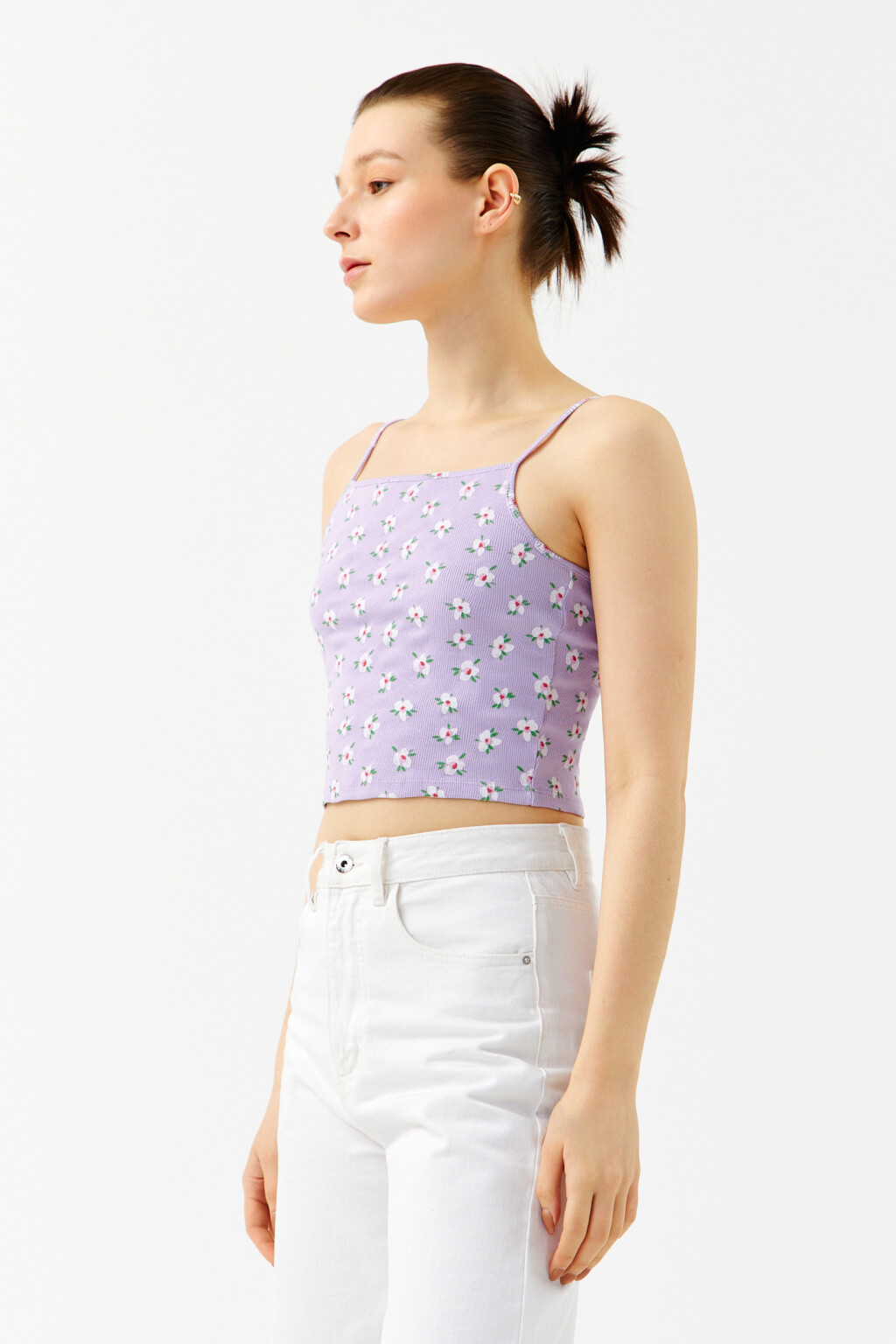 Майка-топ хлопковая укороченная на тонких бретелях - цвет сиреневый - 3