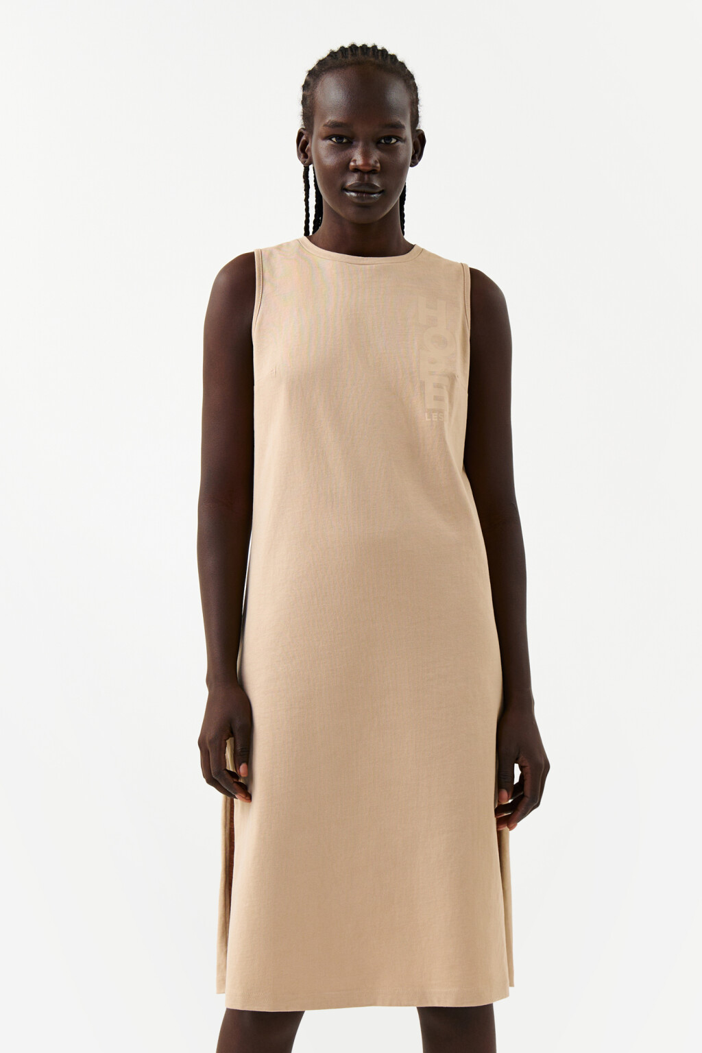 Платье-майка миди хлопковое с боковыми разрезами - цвет коричневый - 2