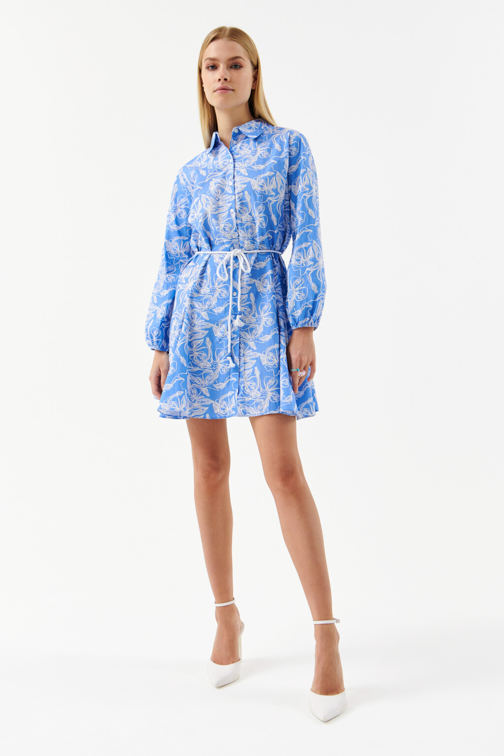 Платье-рубашка хлопковое с принтом - цвет голубой - 1