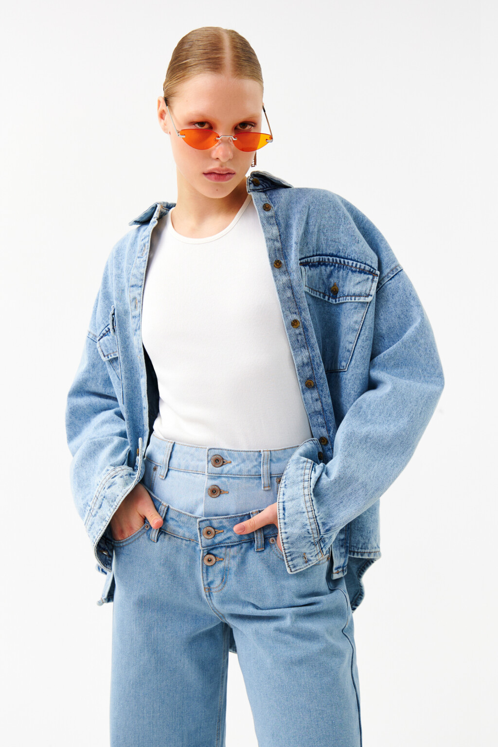 Джинсы широкие с двойным поясом - цвет голубой - 8