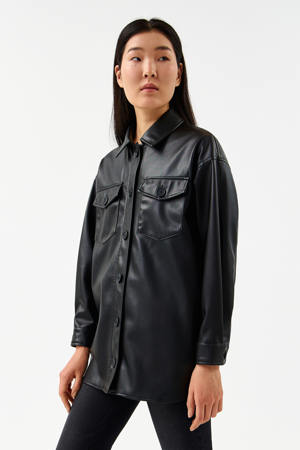 Куртка-рубашка из искусственной кожи - цвет черный - 3