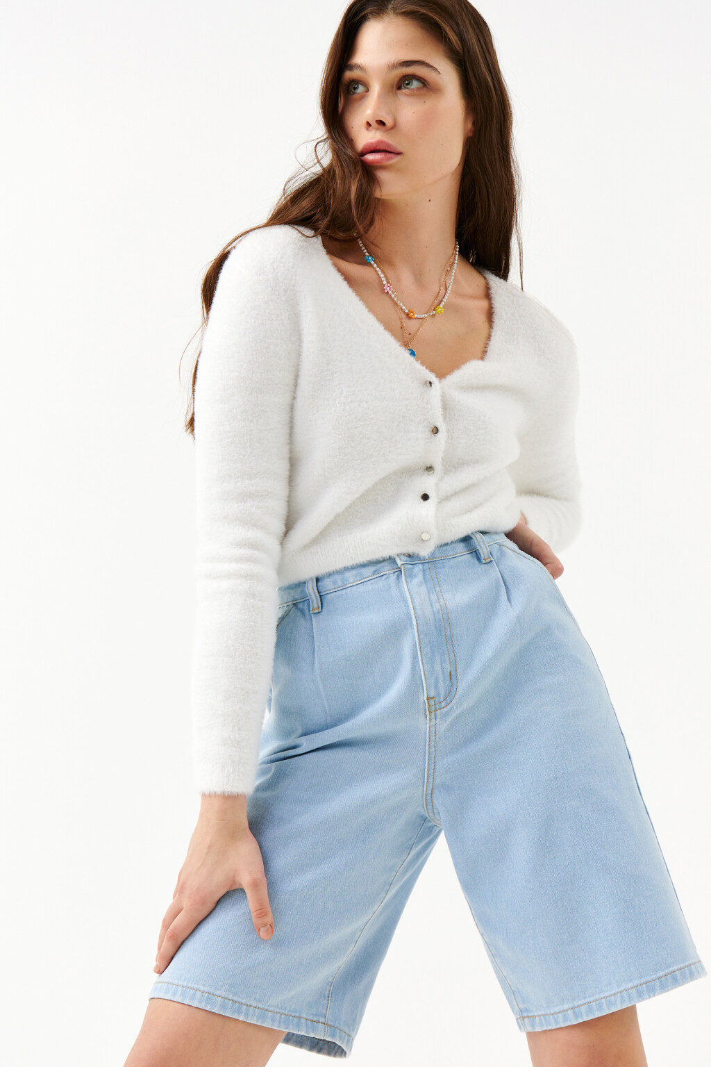 Джинсовые шорты с высокой посадкой - цвет голубой - 7