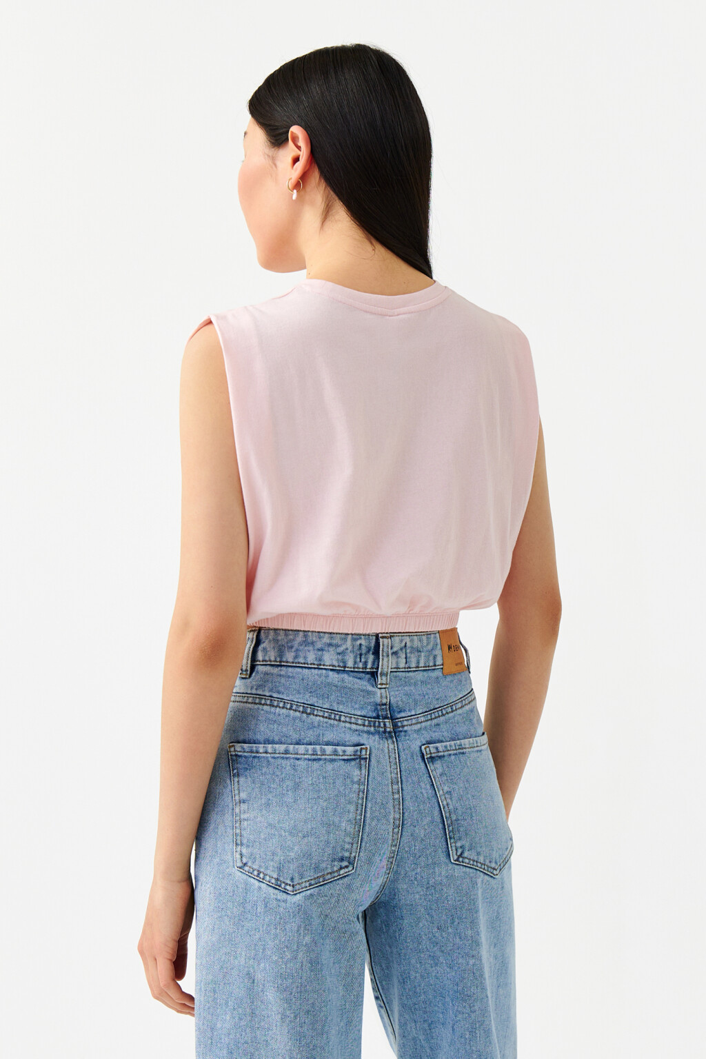 Майка хлопковая укороченная с резинкой на талии - цвет розовый - 2