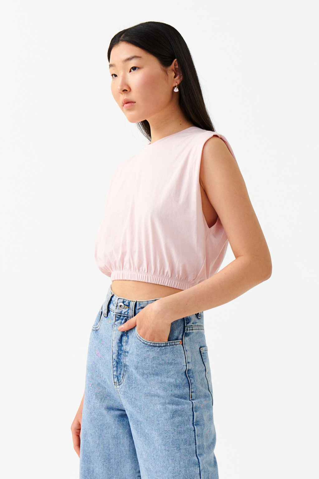 Майка хлопковая укороченная с резинкой на талии - цвет розовый - 3