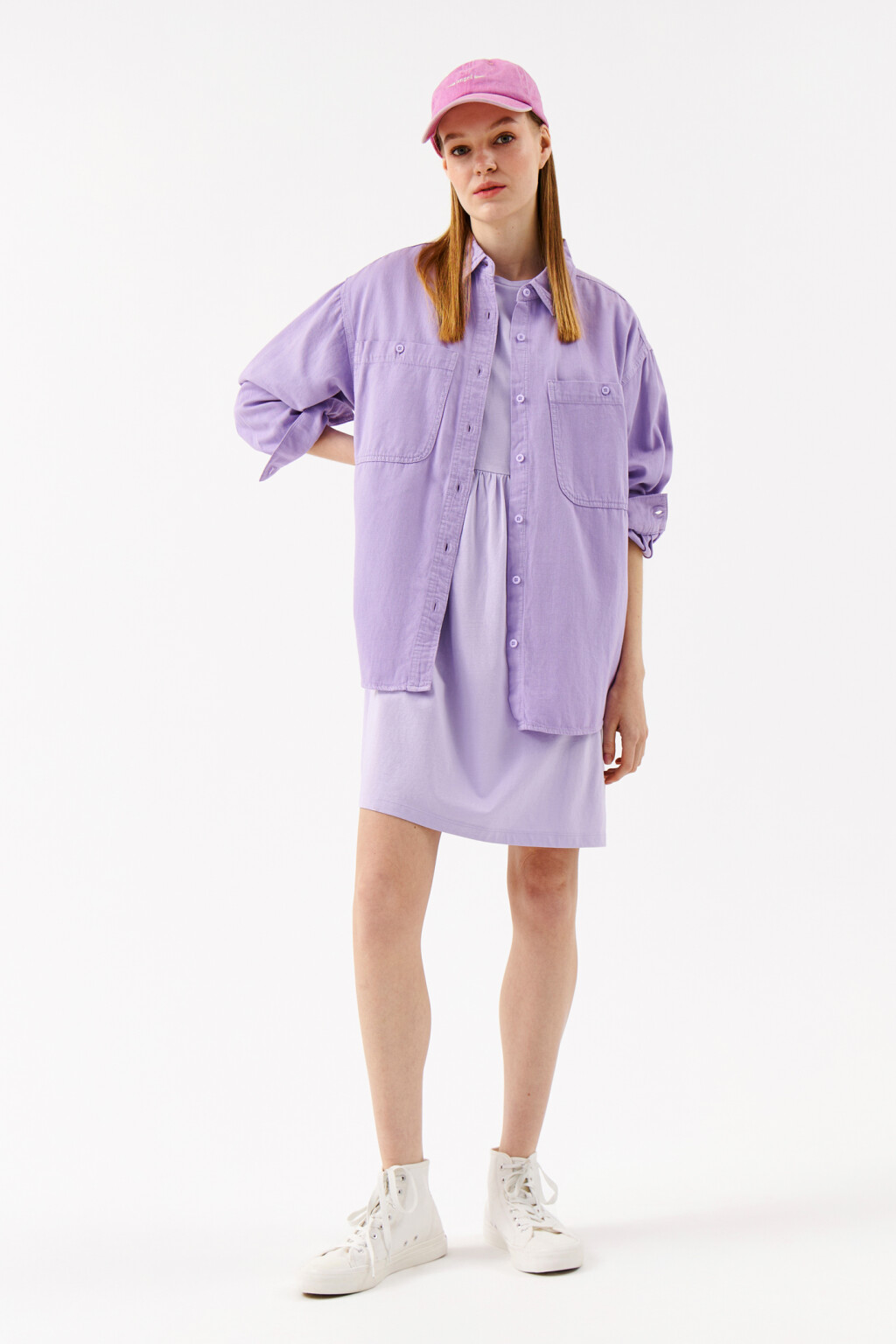 Платье мини с резинкой на талии - цвет сиреневый - 4