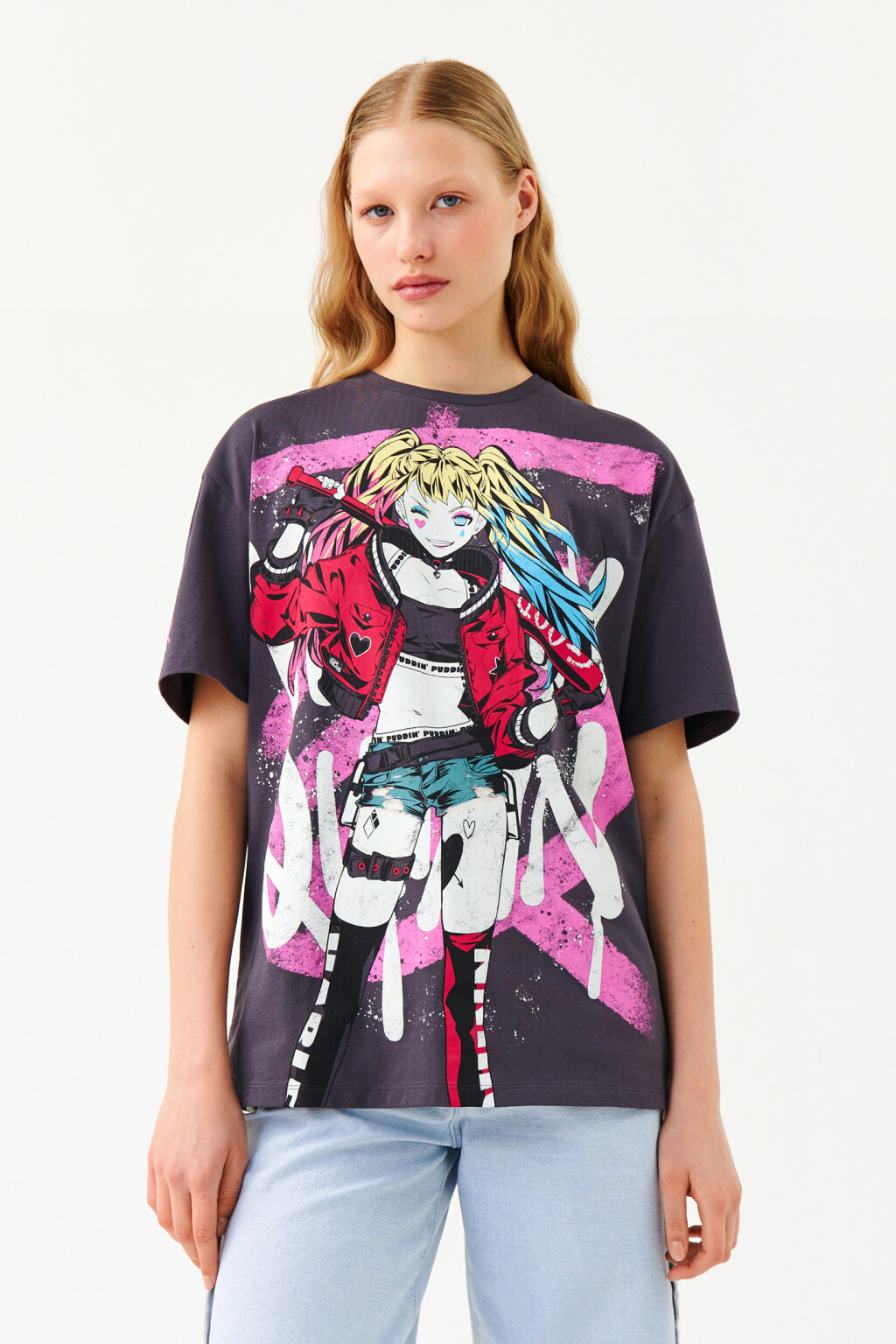 Футболка хлопковая с принтом харли квинн - цвет серый - 1