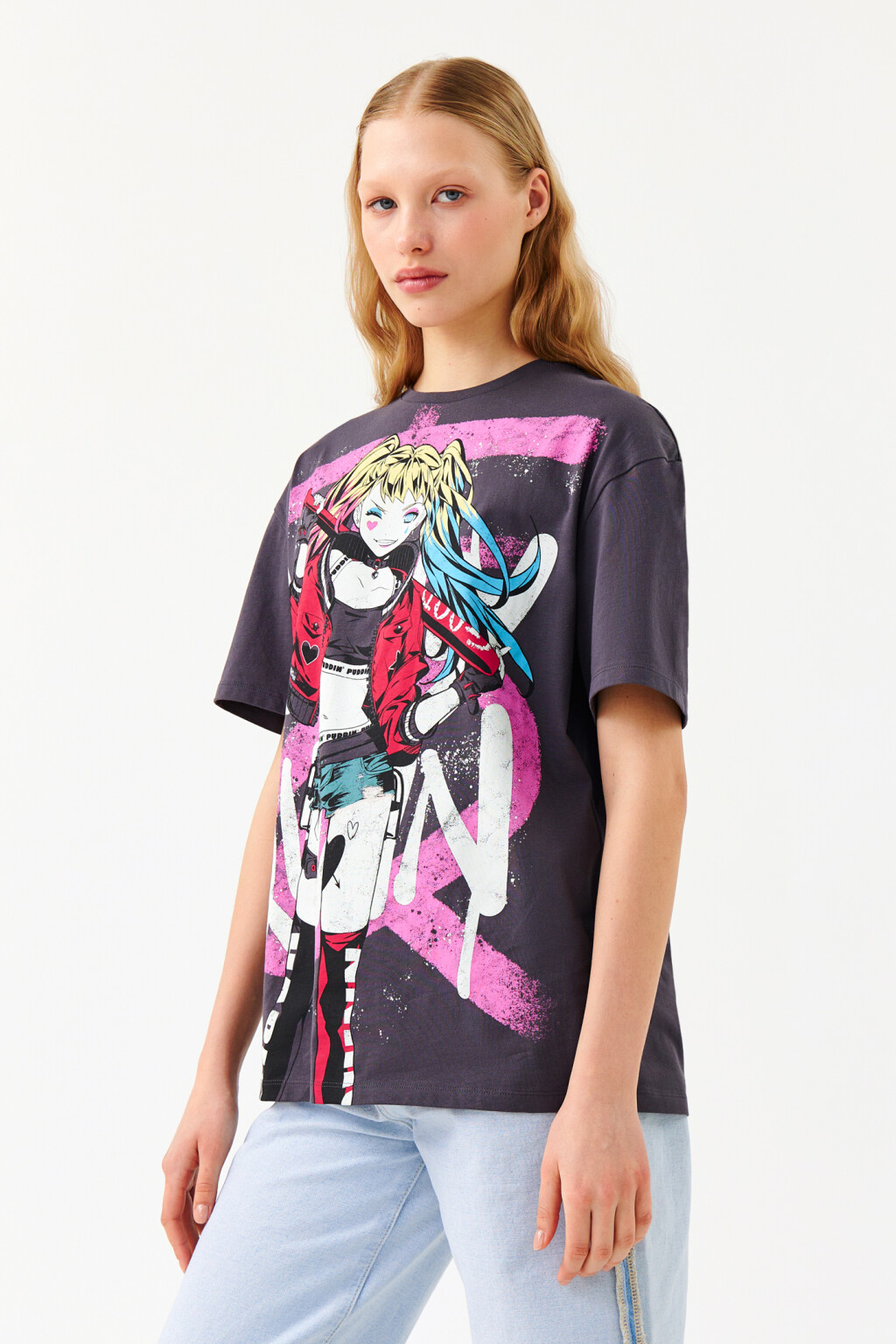 Футболка хлопковая с принтом харли квинн - цвет серый - 3